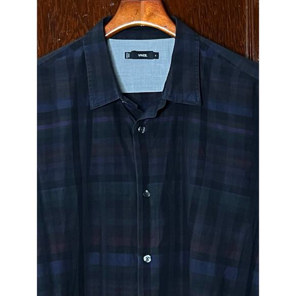 VINCE BLK MULTICOLOR CHECK LTW COTTON L/S SHIRT SIZE XL - Picture 1 of 3